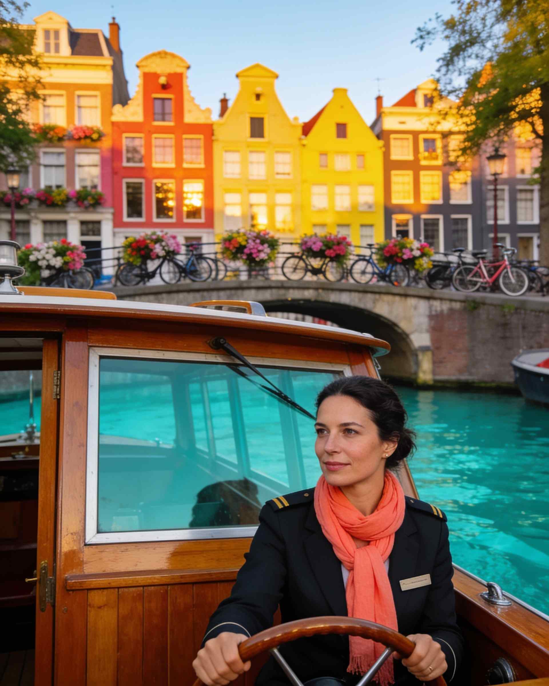 Amira Haddad, a skipper, on a canal boat in Amsterdam