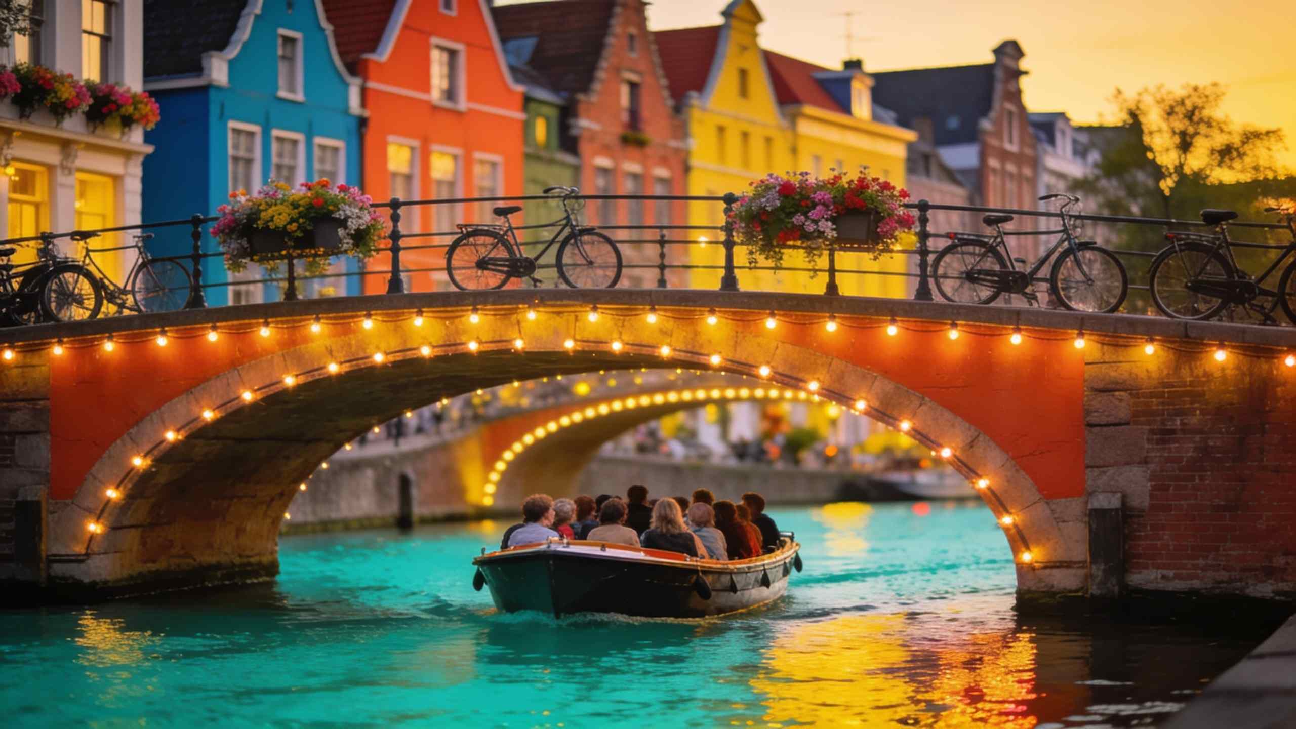 A small open boat full of people gliding under a lit bridge on an Amsterdam canal at dusk