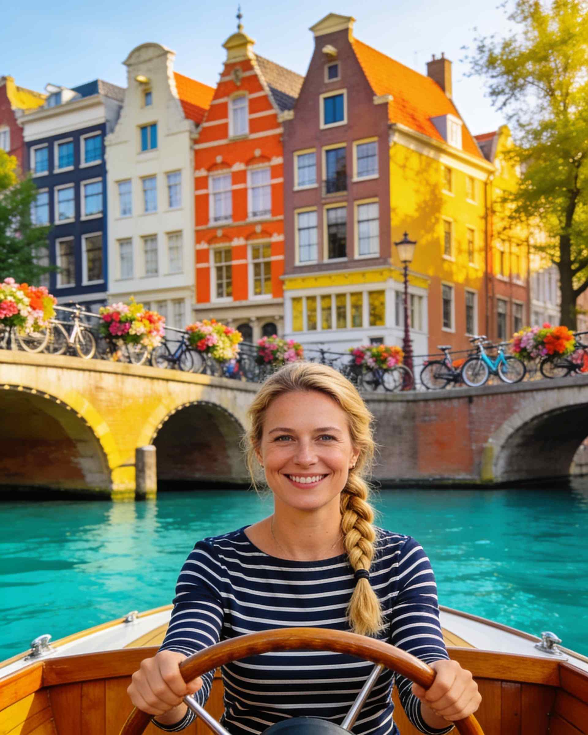 Femke de Vries, a skipper, on a canal boat in Amsterdam