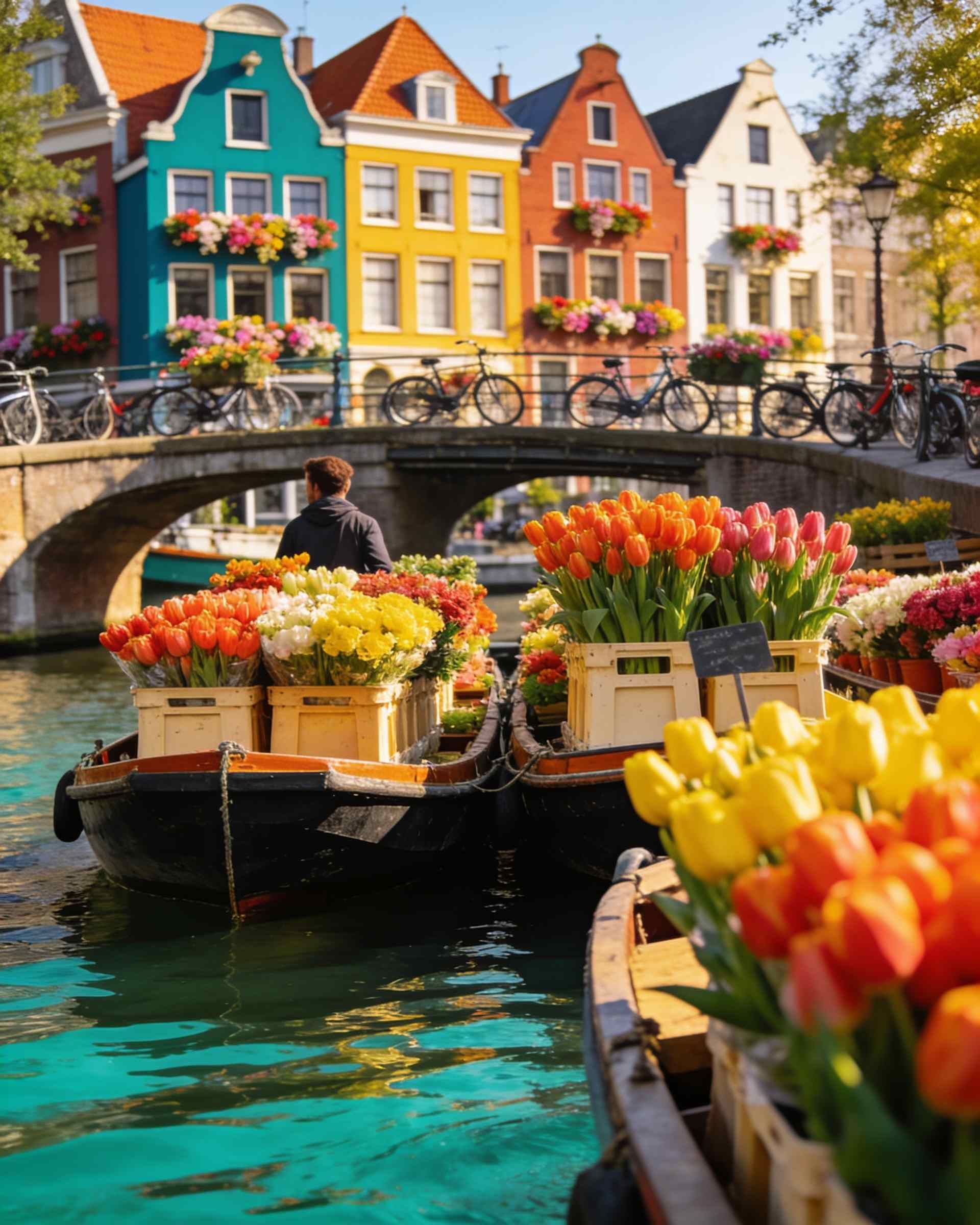 Flower market in Amsterdam seen from a canal boat