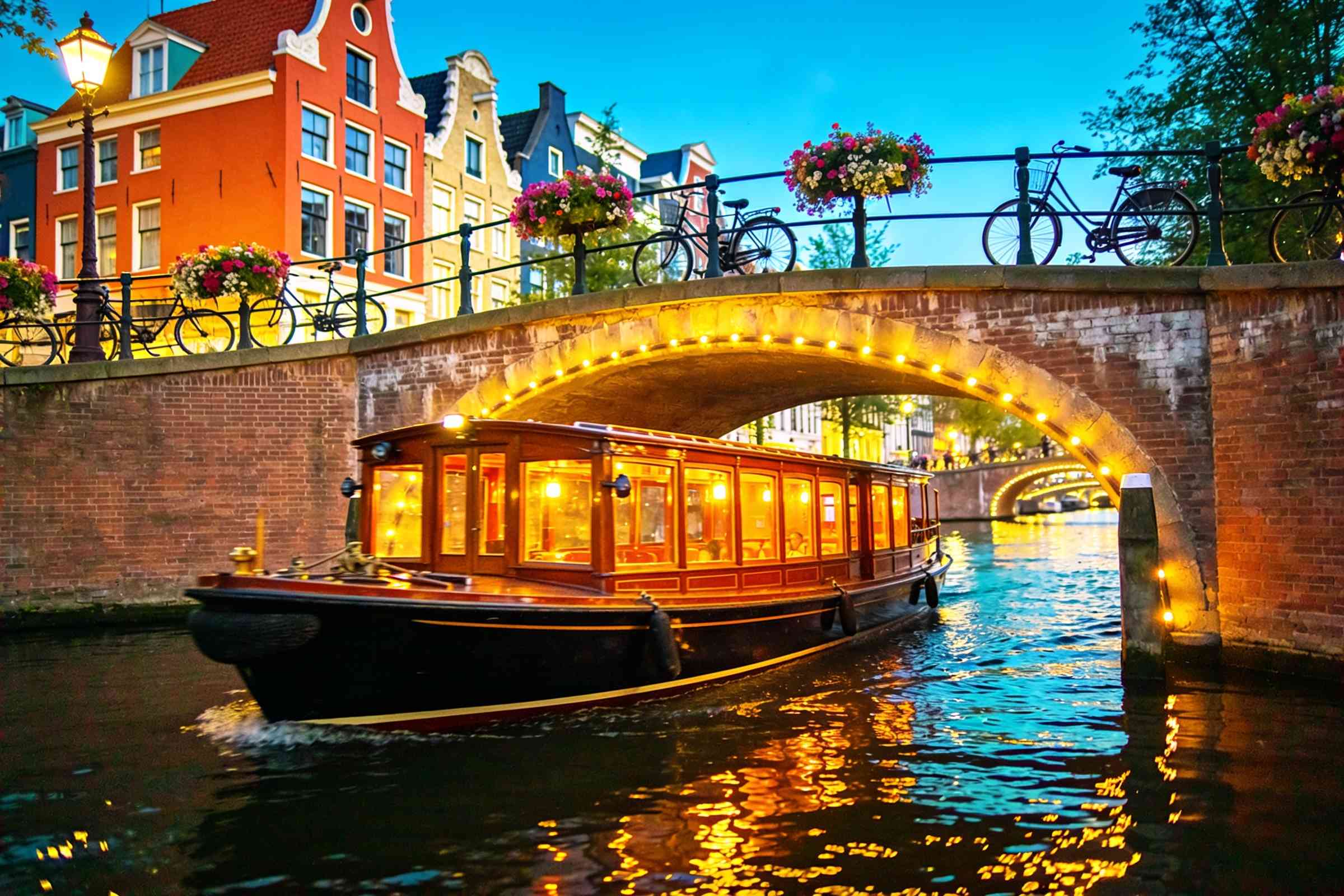 A canal boat on the Lights on the water cruise in Amsterdam
