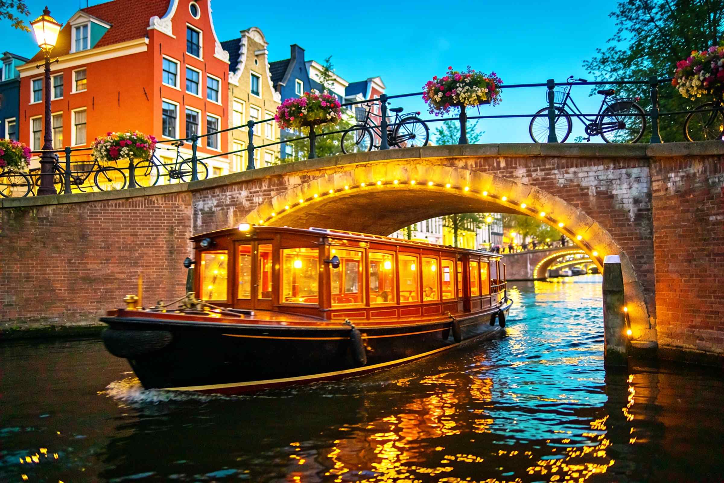 A canal boat on the Lights on the water cruise in Amsterdam