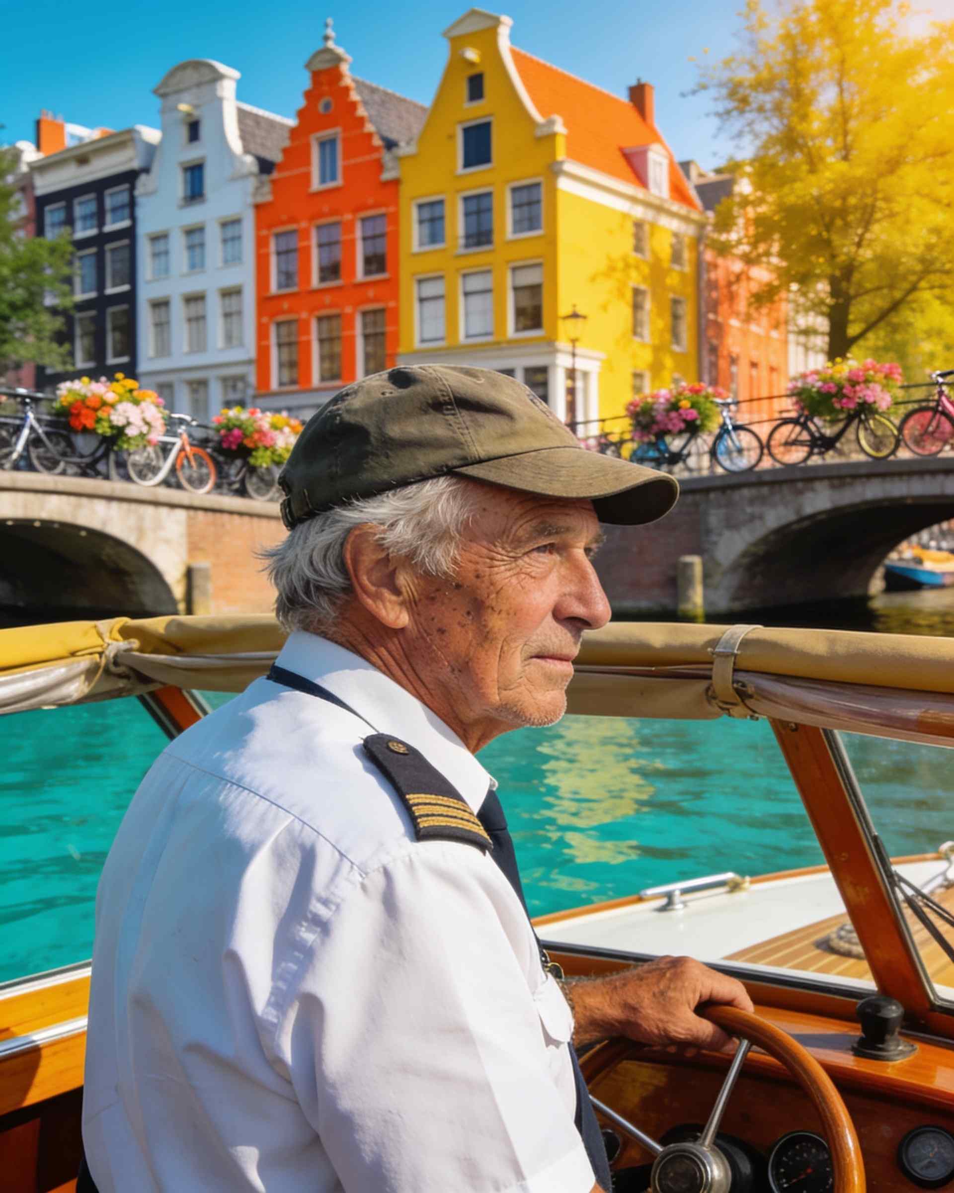Sem Visser, a skipper, on a canal boat in Amsterdam
